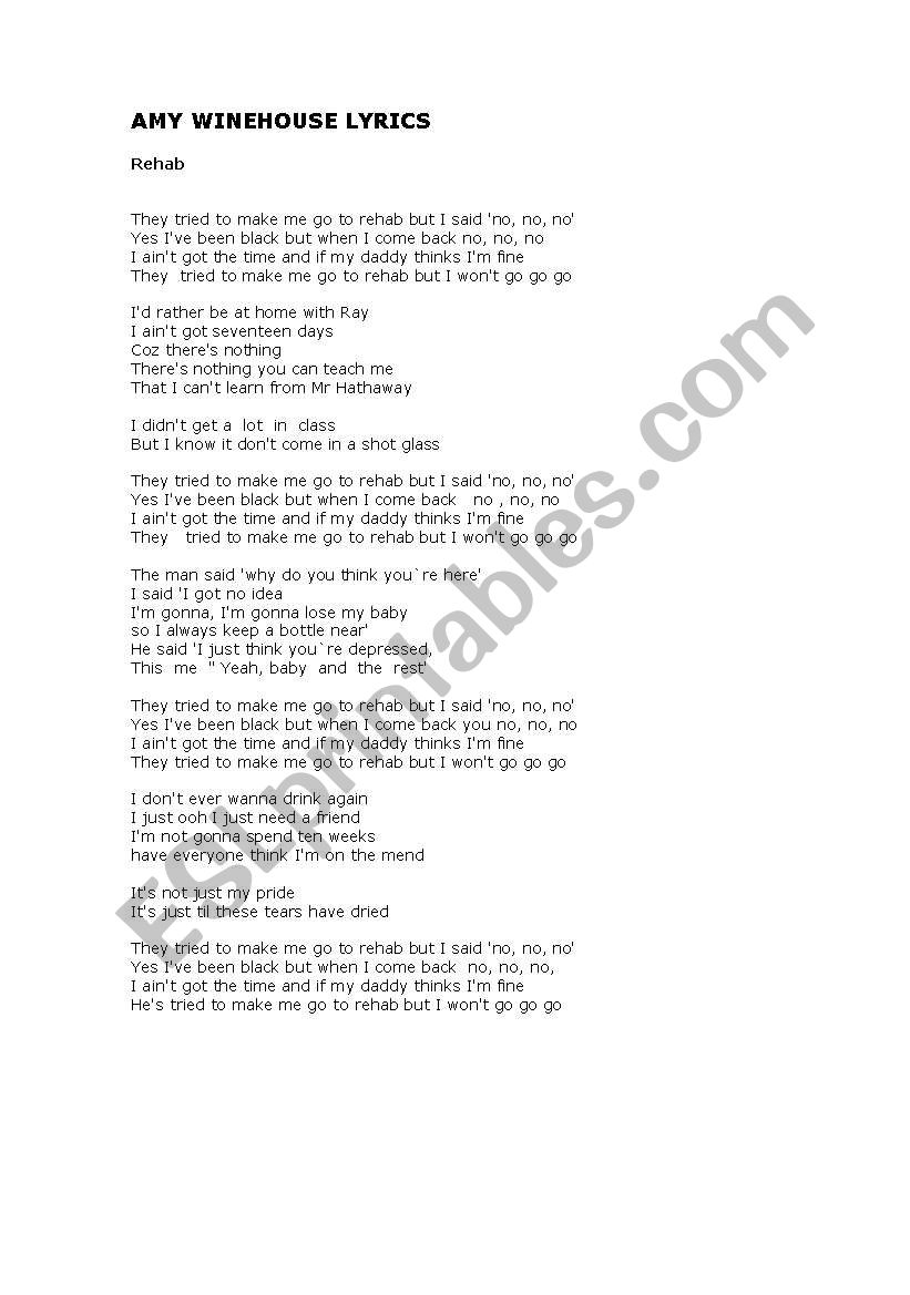 Rehab  (  by  Amy  Winehouse )  song  worksheet