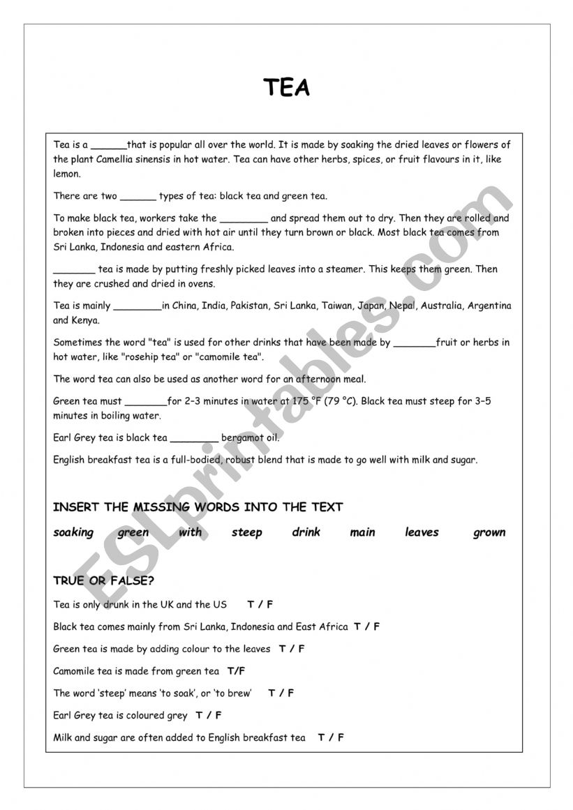 Tea Worksheet worksheet