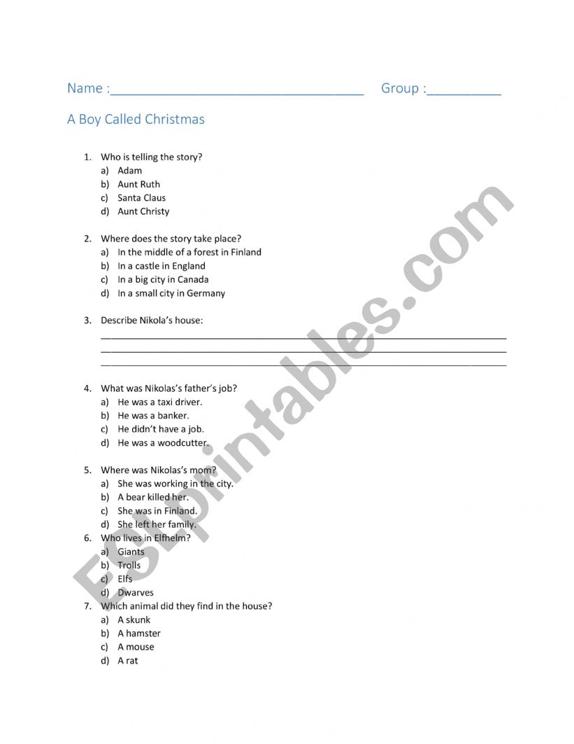 A Boy Called Christmas worksheet