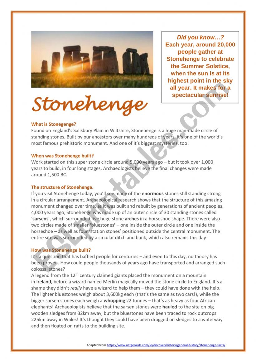 Stonehenge - Reading Comprehension