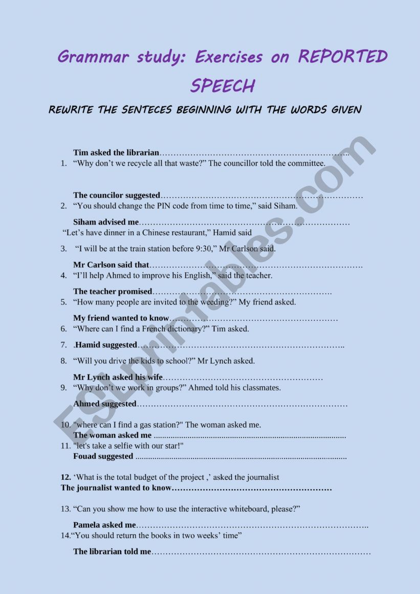 Grammar study: Exercises on REPORTED SPEECH WORKSHEET