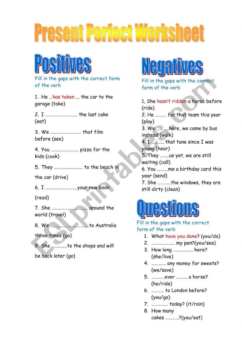 Present Perfect Worksheet worksheet