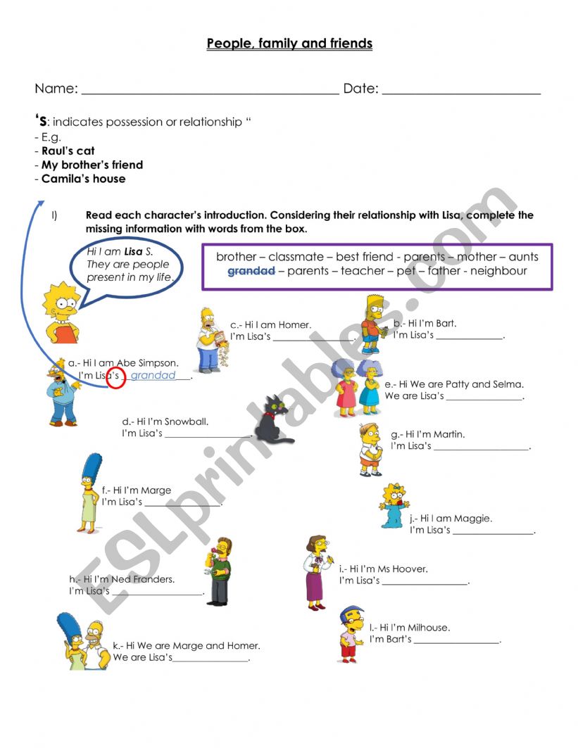 Family and Friends worksheet