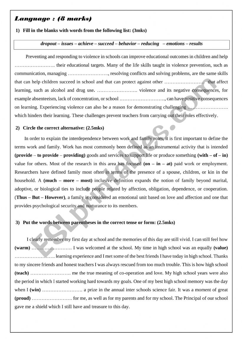 9th form exam (not mine ) worksheet