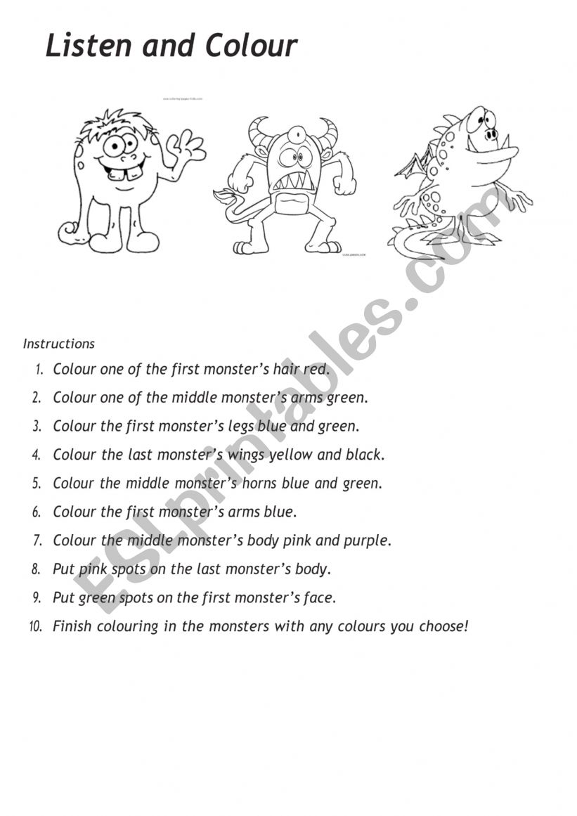 Listen and colour the monsters