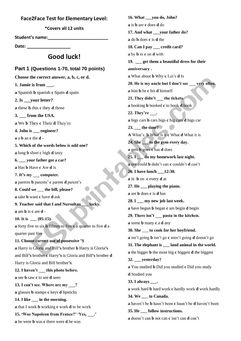 elementary level test worksheet