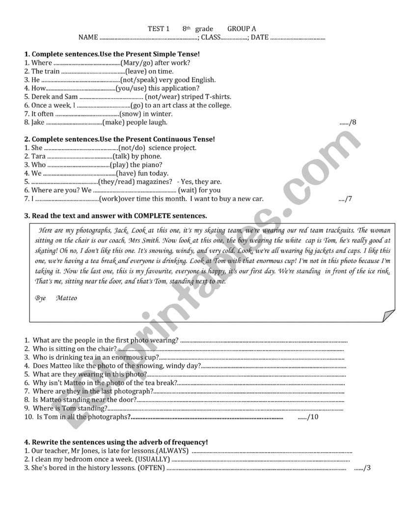 Test for 8th grade worksheet