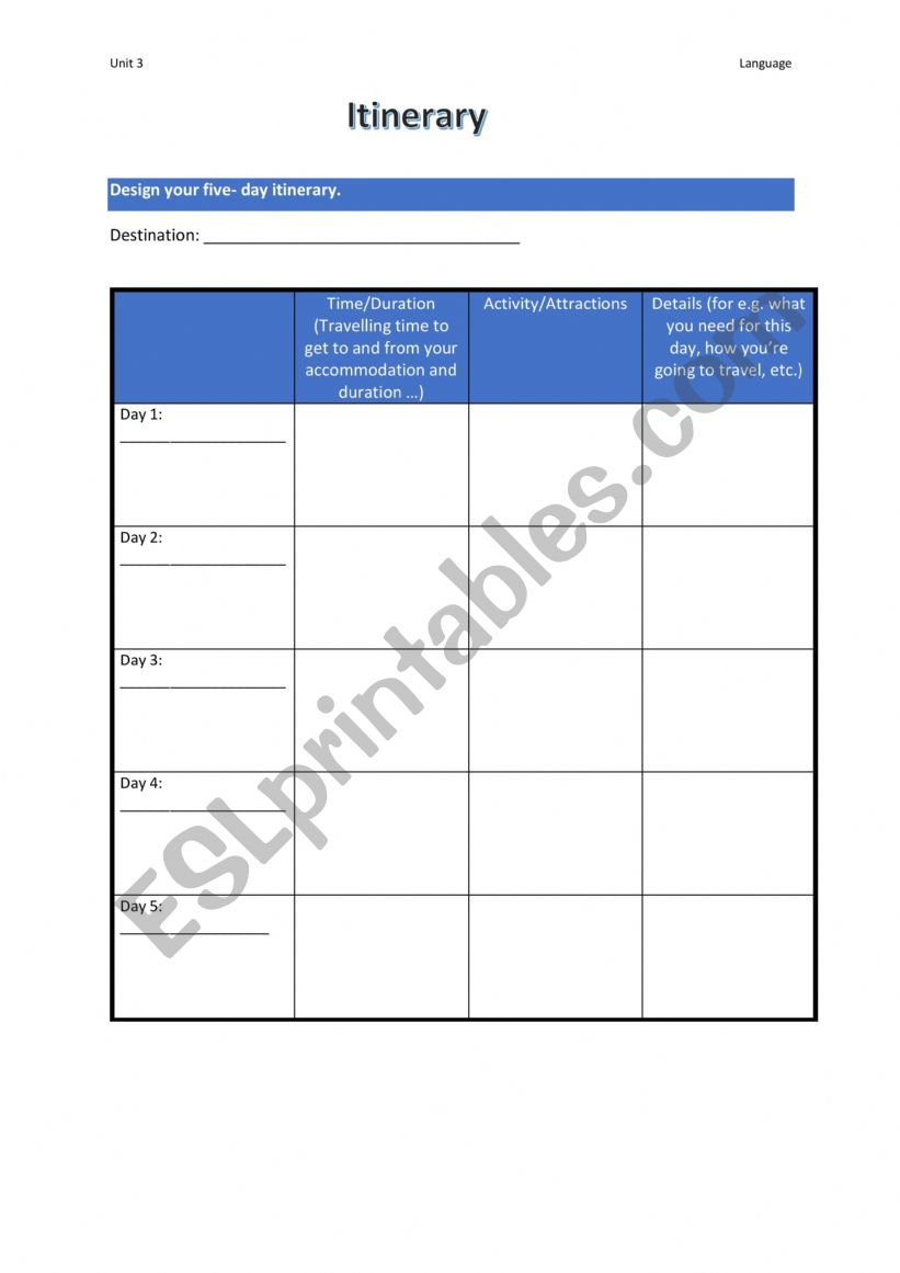 Writing an Itinerary worksheet