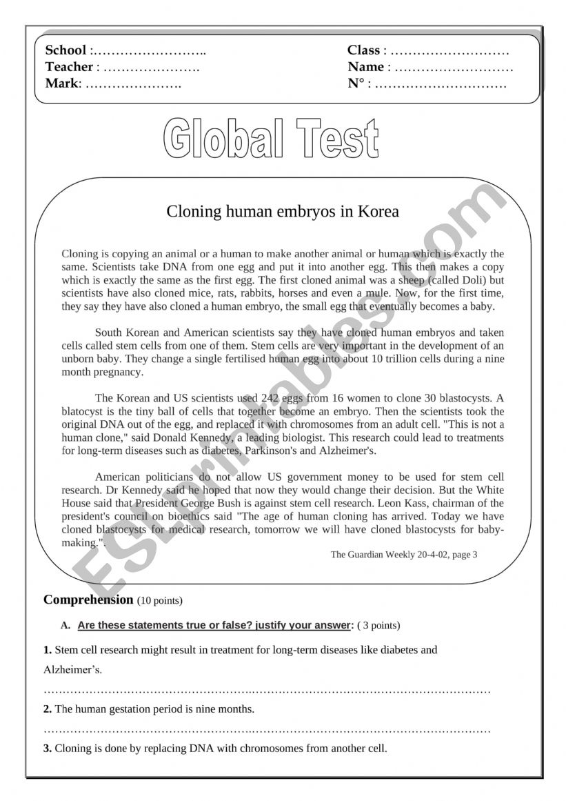 Global test : Human cloning worksheets 