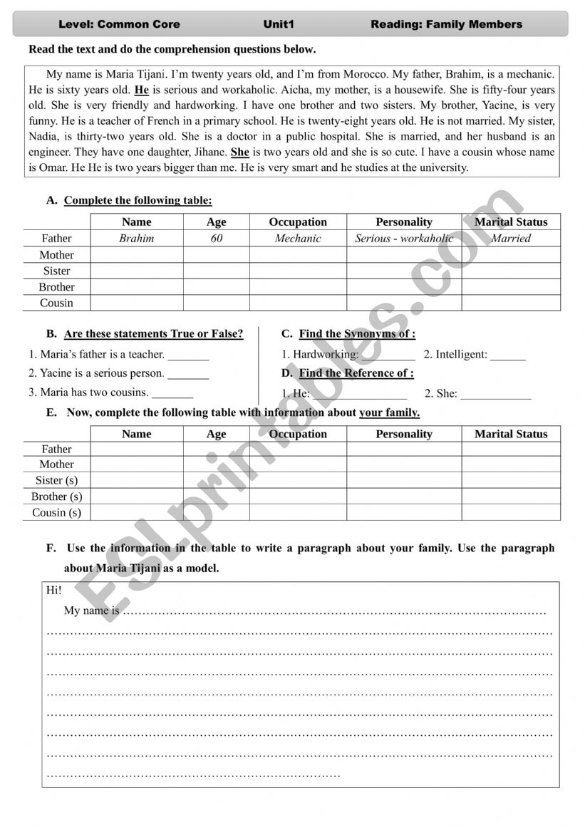Maria�s family members worksheet