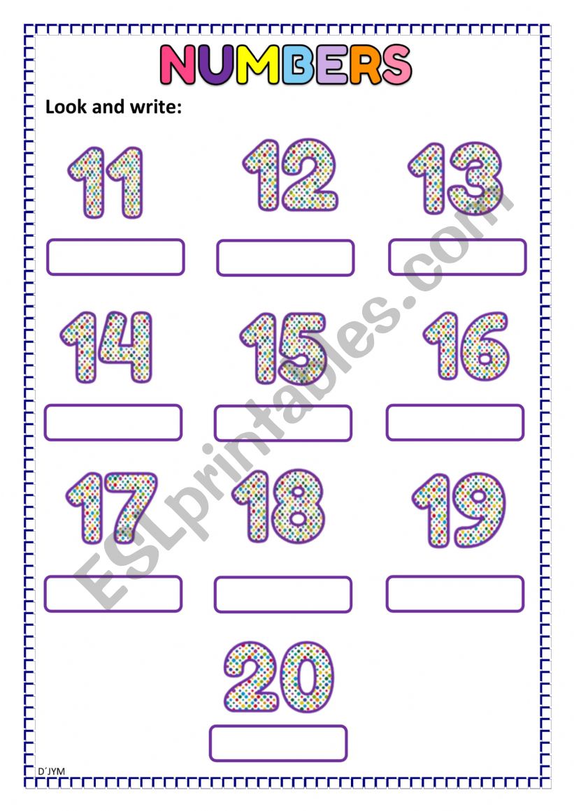 Numbers from 11 to 20 worksheet