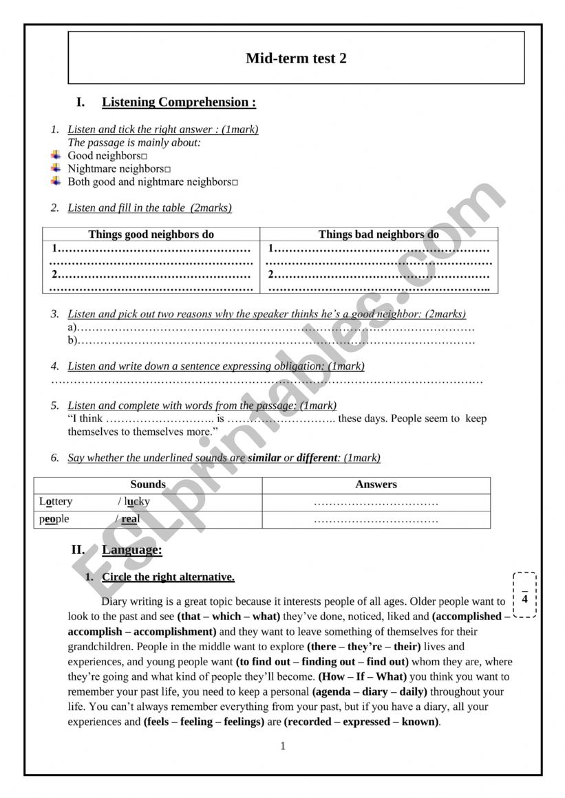 mid-term test 2  worksheet