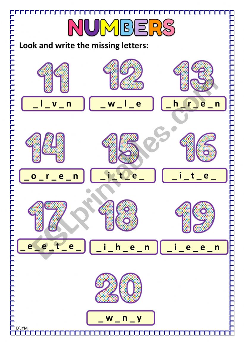 Numbers from 11 to 20 worksheet