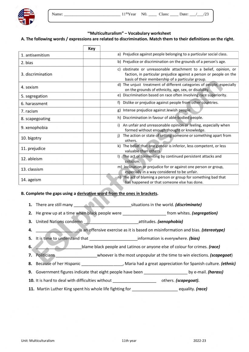 discrimination vocabulary worksheet - B1