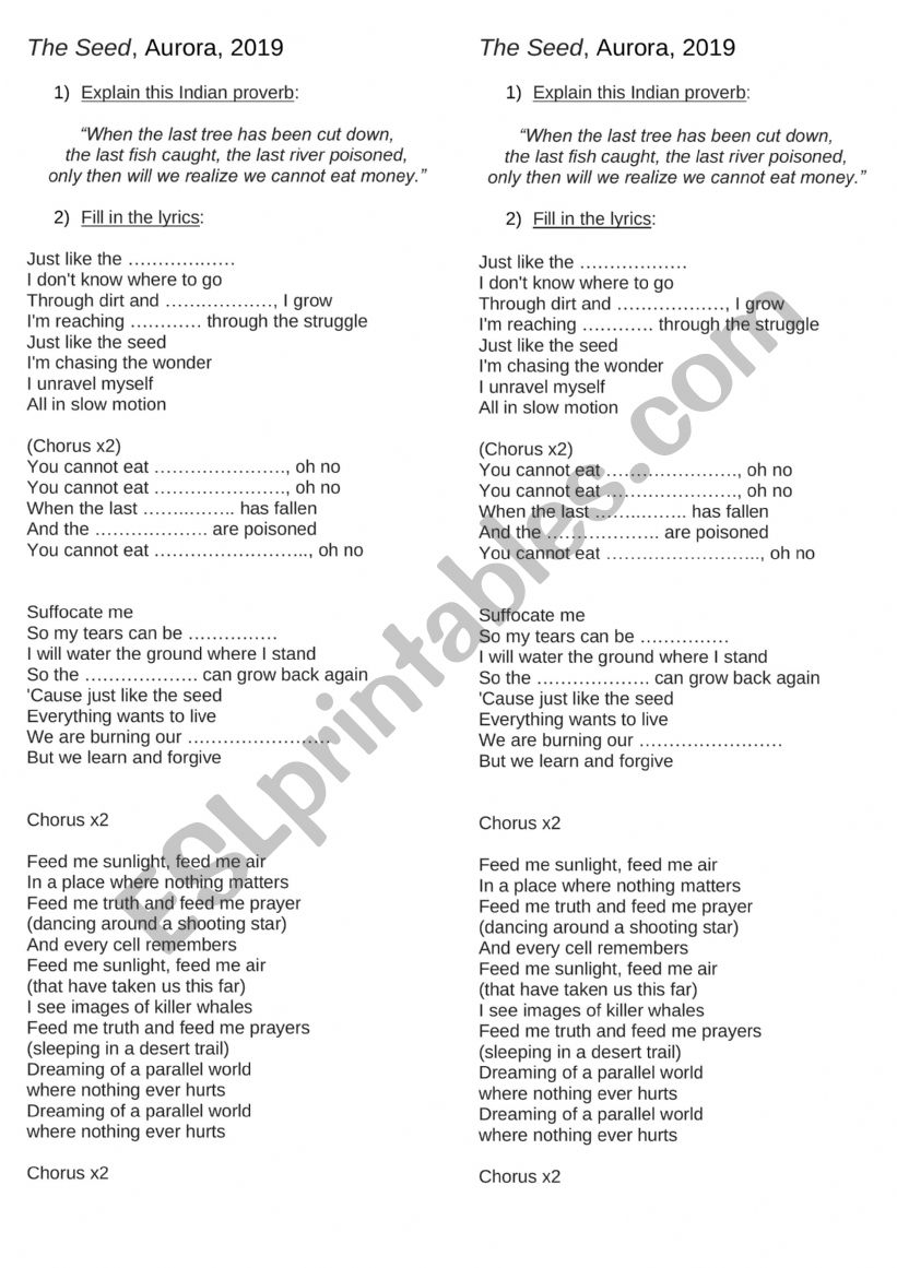 The Seed by Aurora, lyrics worksheet