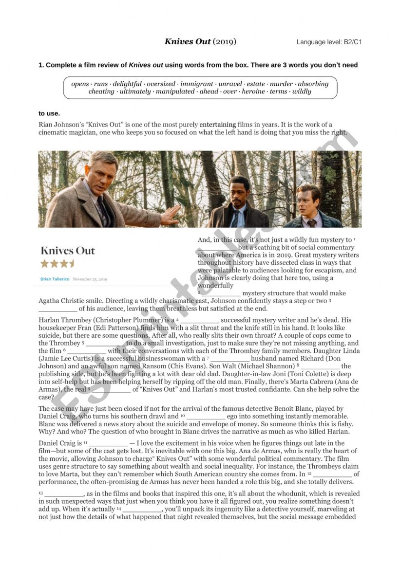 �Knives Out� (2019) worksheet