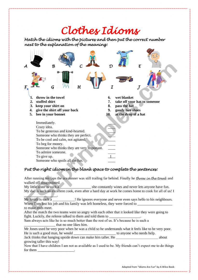 Clothes idioms worksheet