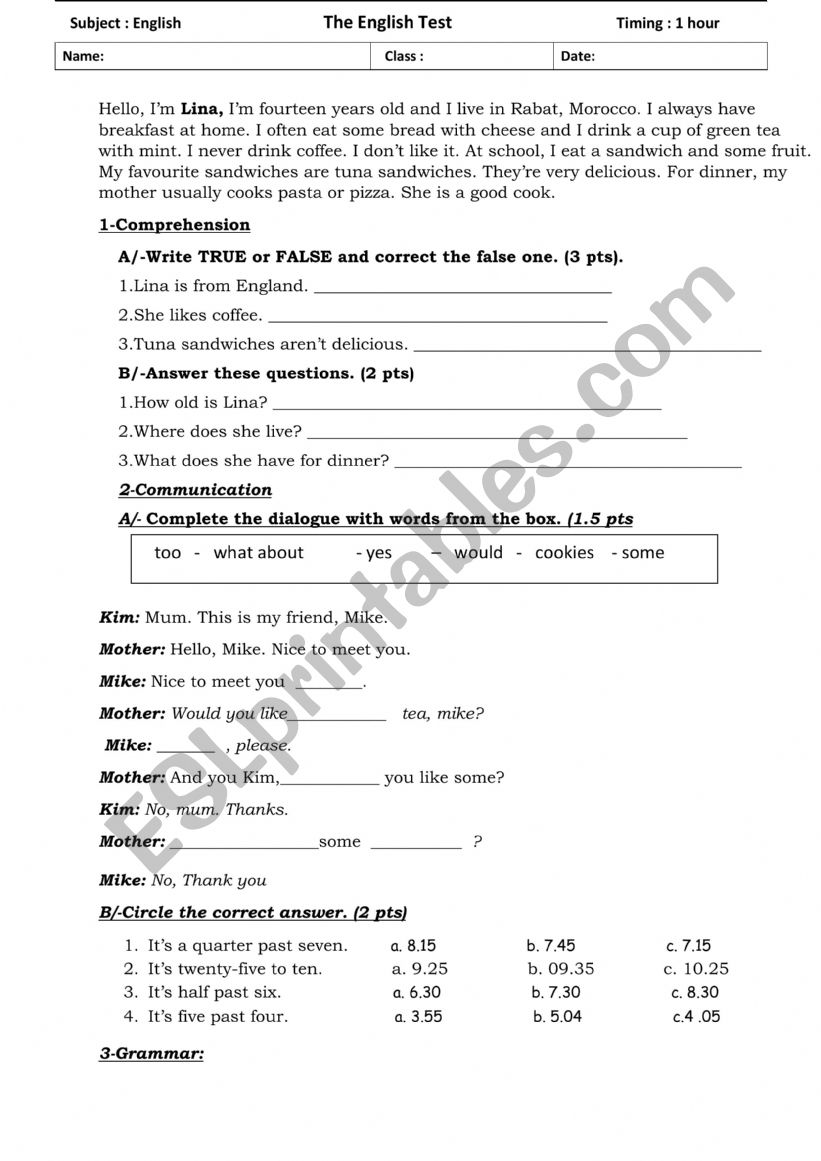 Test about food and drink  worksheet