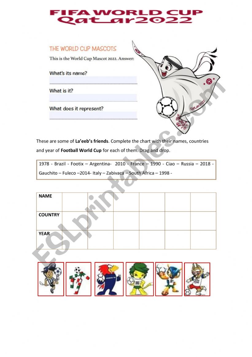 FIFA World cup mascots worksheet