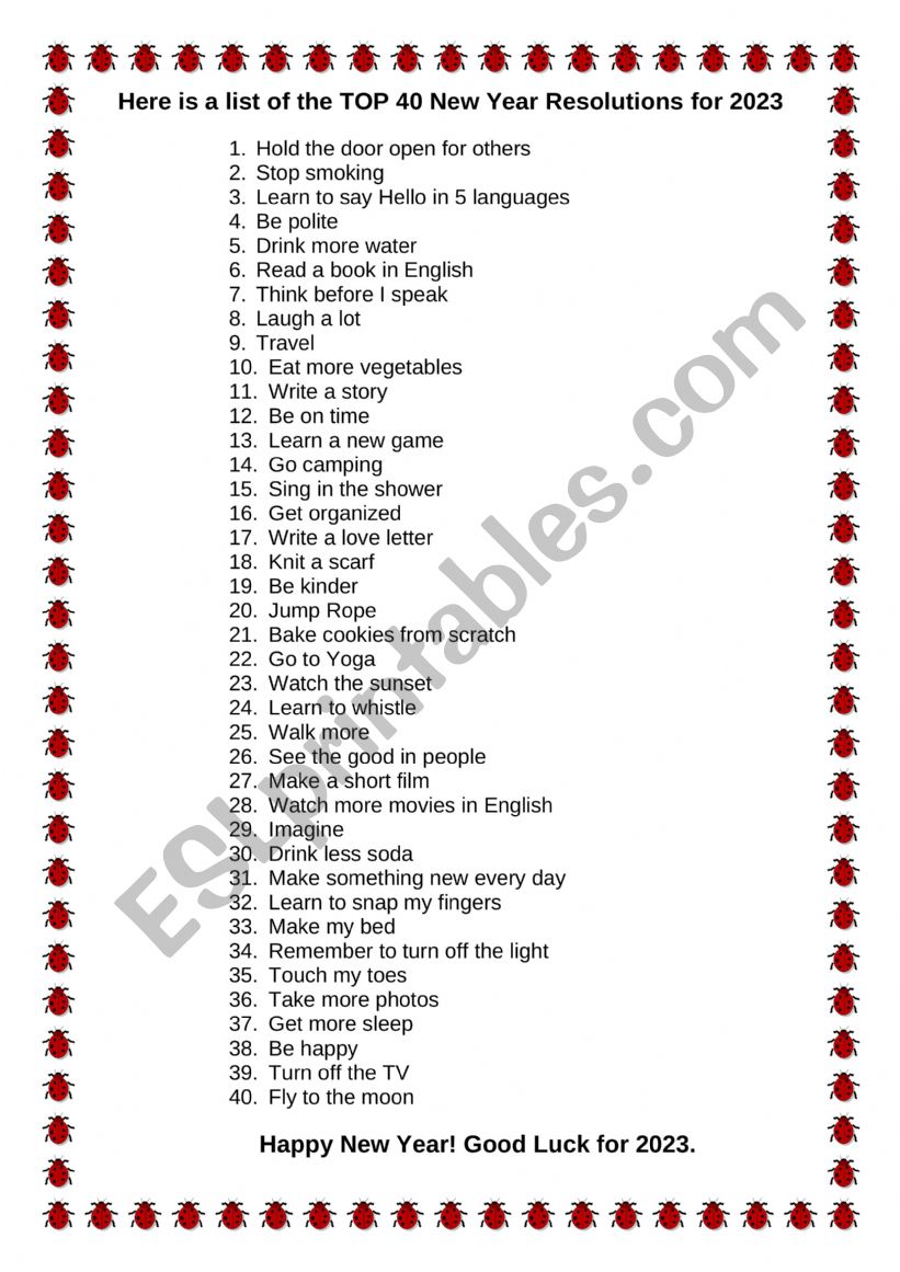New YearsÃ¯Â¿Â½ Resolutions worksheet