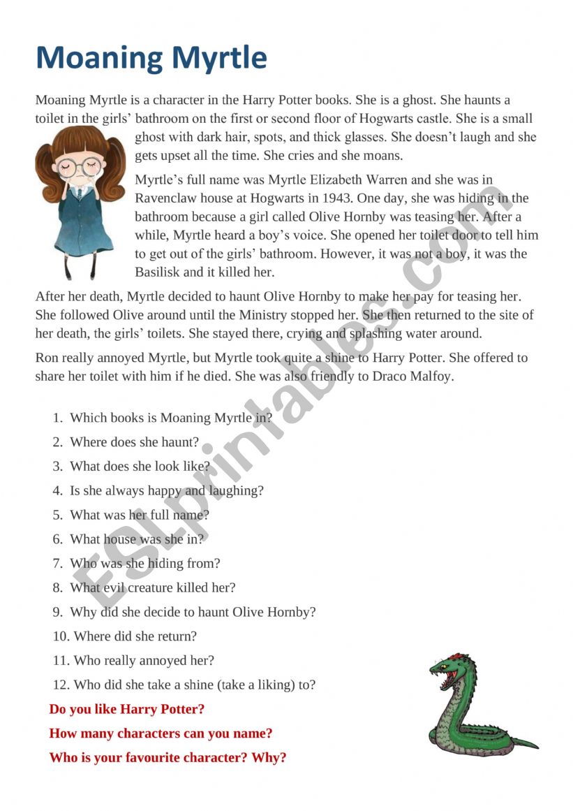 Moaning Myrtle worksheet