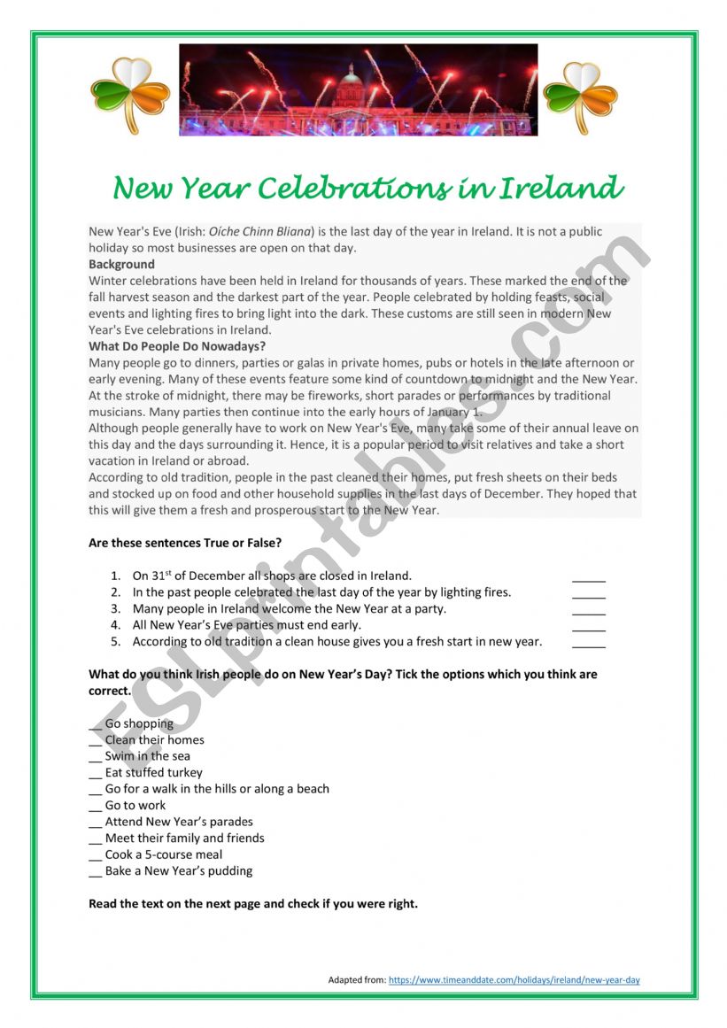 New Year in Ireland worksheet