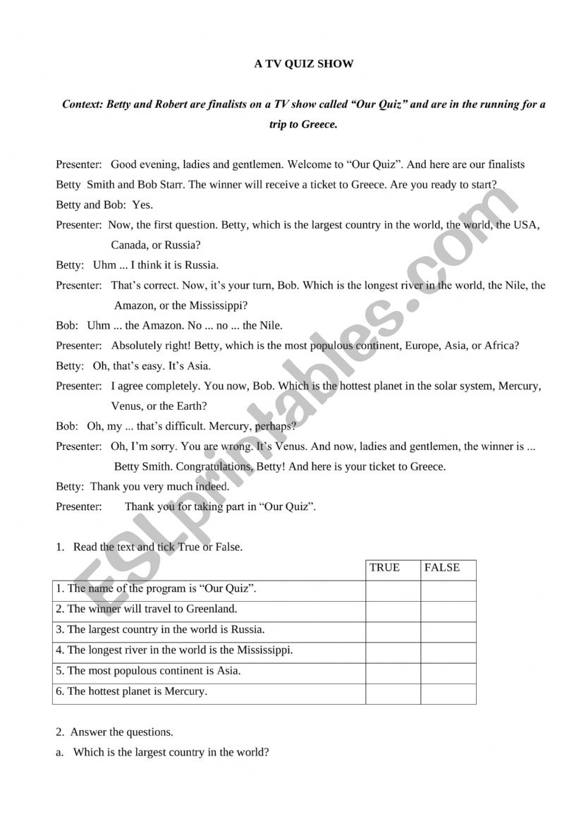 A TV QUIZ SHOW  worksheet