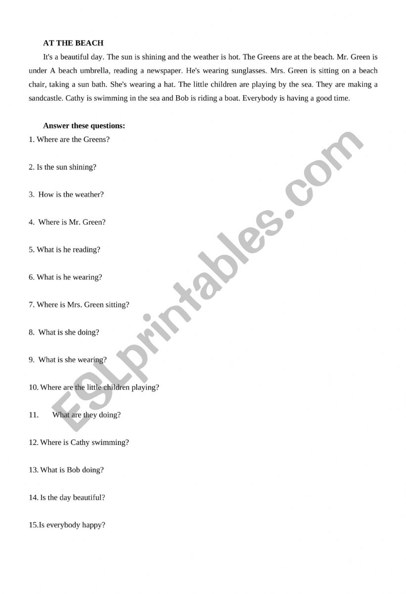 At the beach worksheet