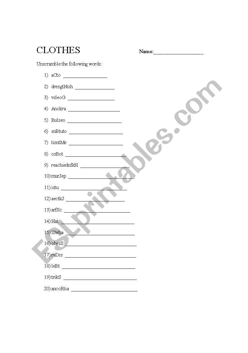 Clothes worksheet