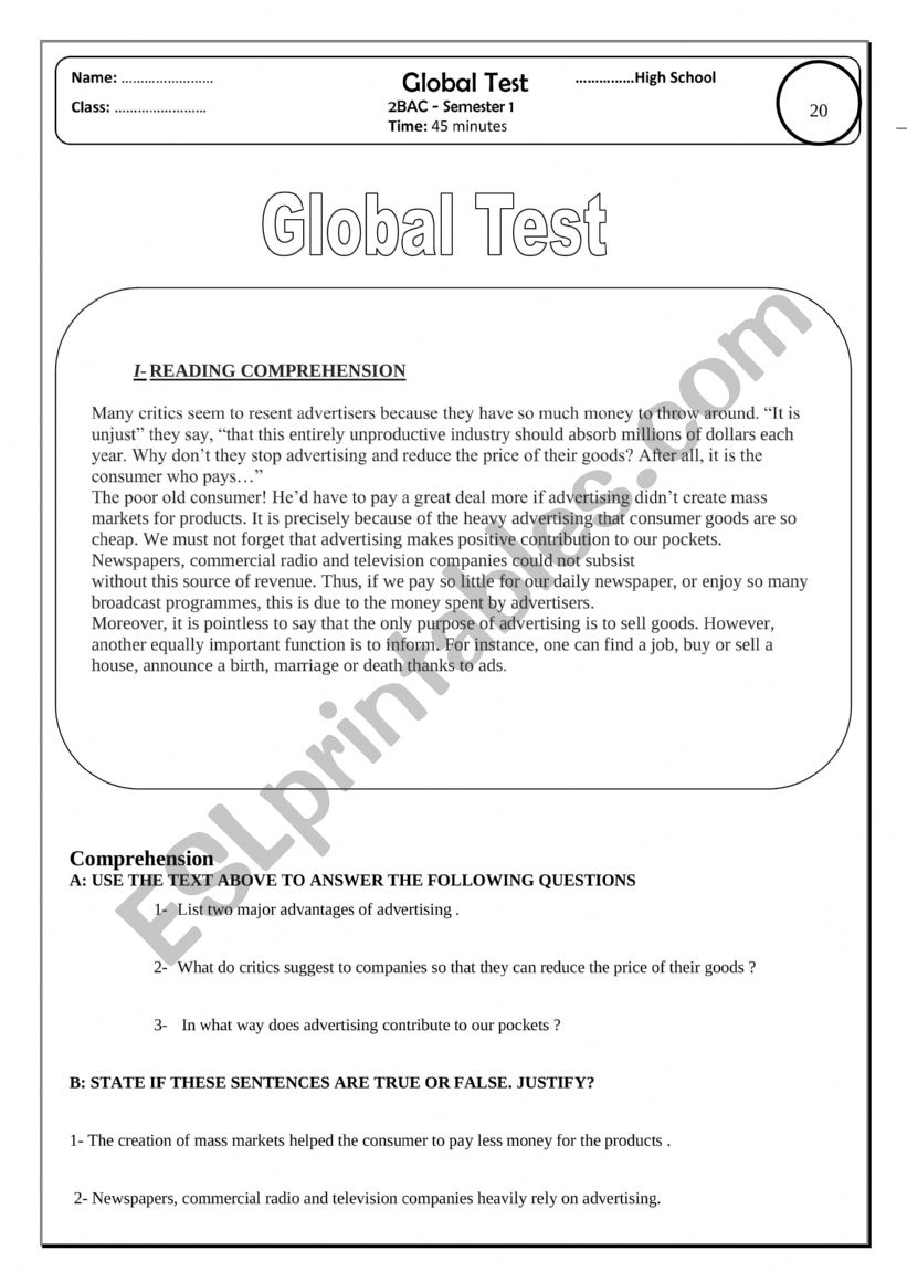 Global test : Text Reading comprehension / advertising 