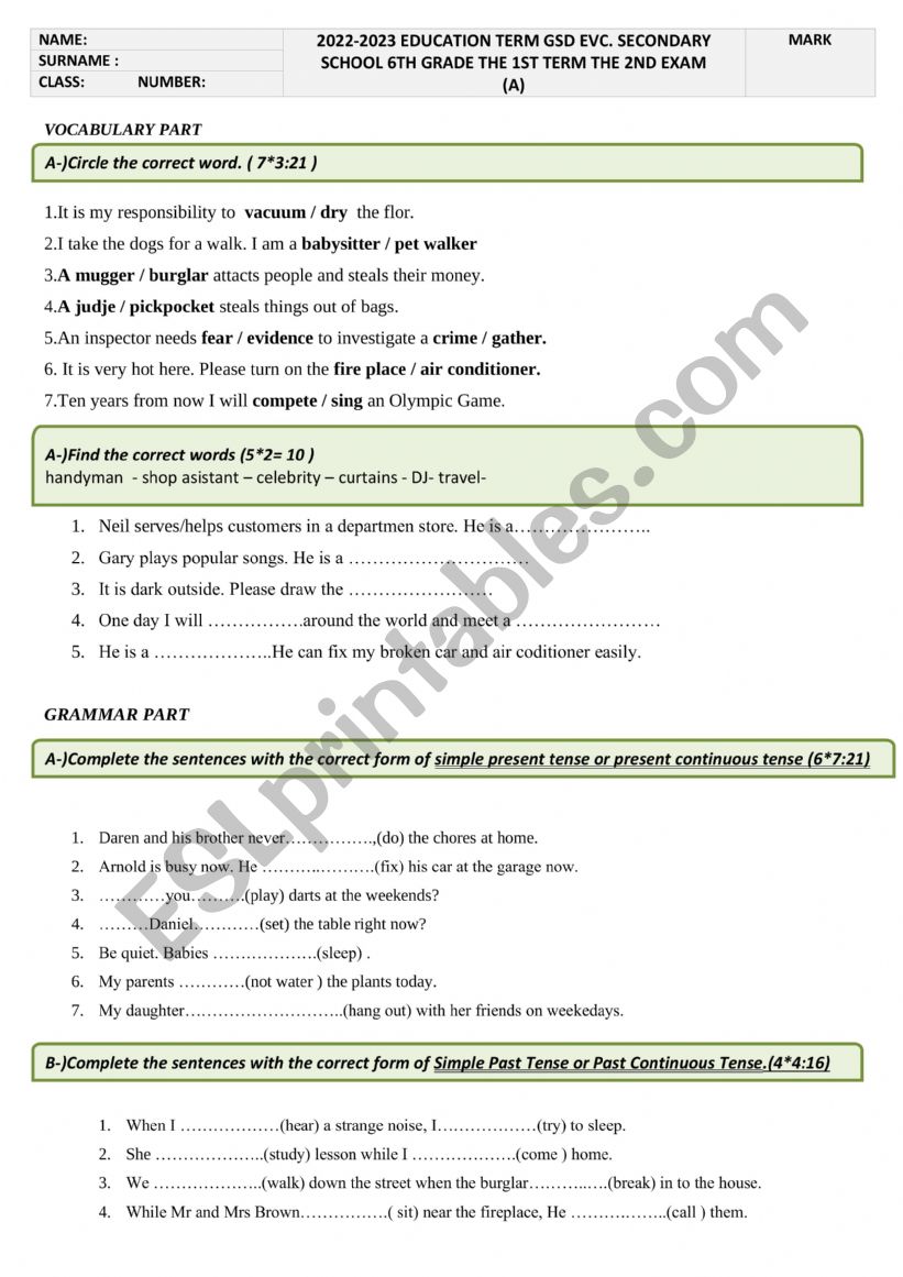 exam  worksheet