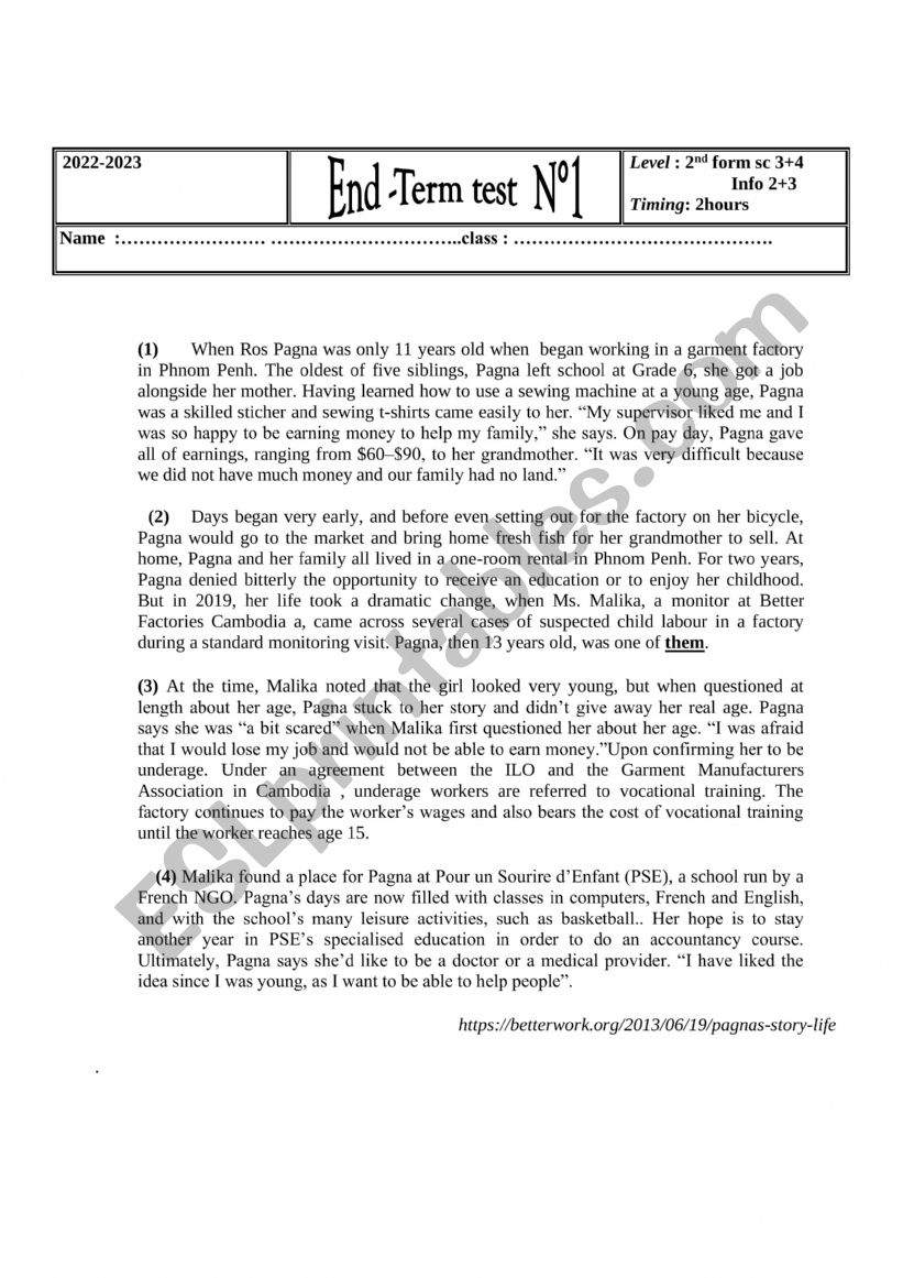 4th form End term test 1 worksheet