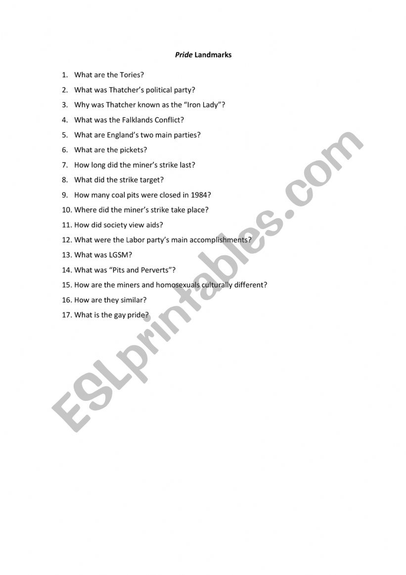 Pride Movie Landmark worksheet