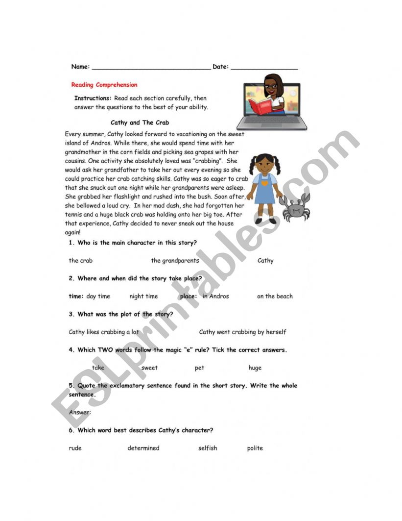 Cathy and the Crabs worksheet