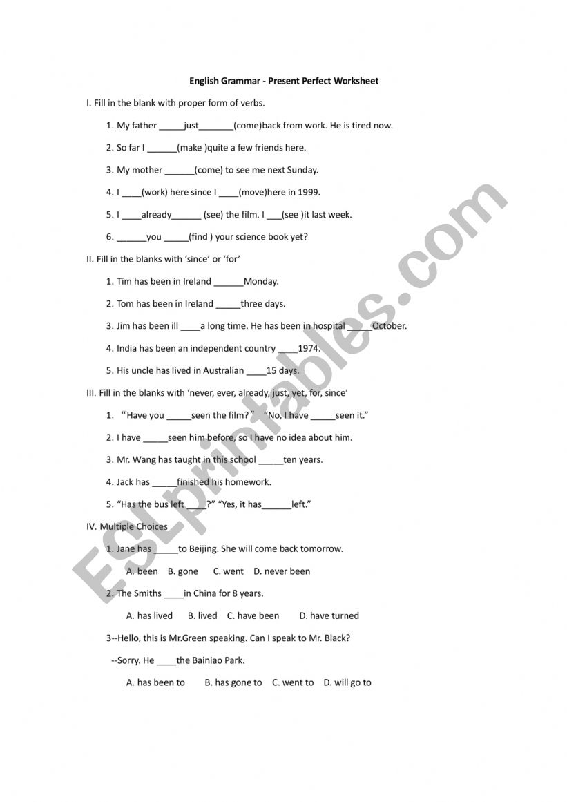 English Grammar-Present Perfect Worksheet