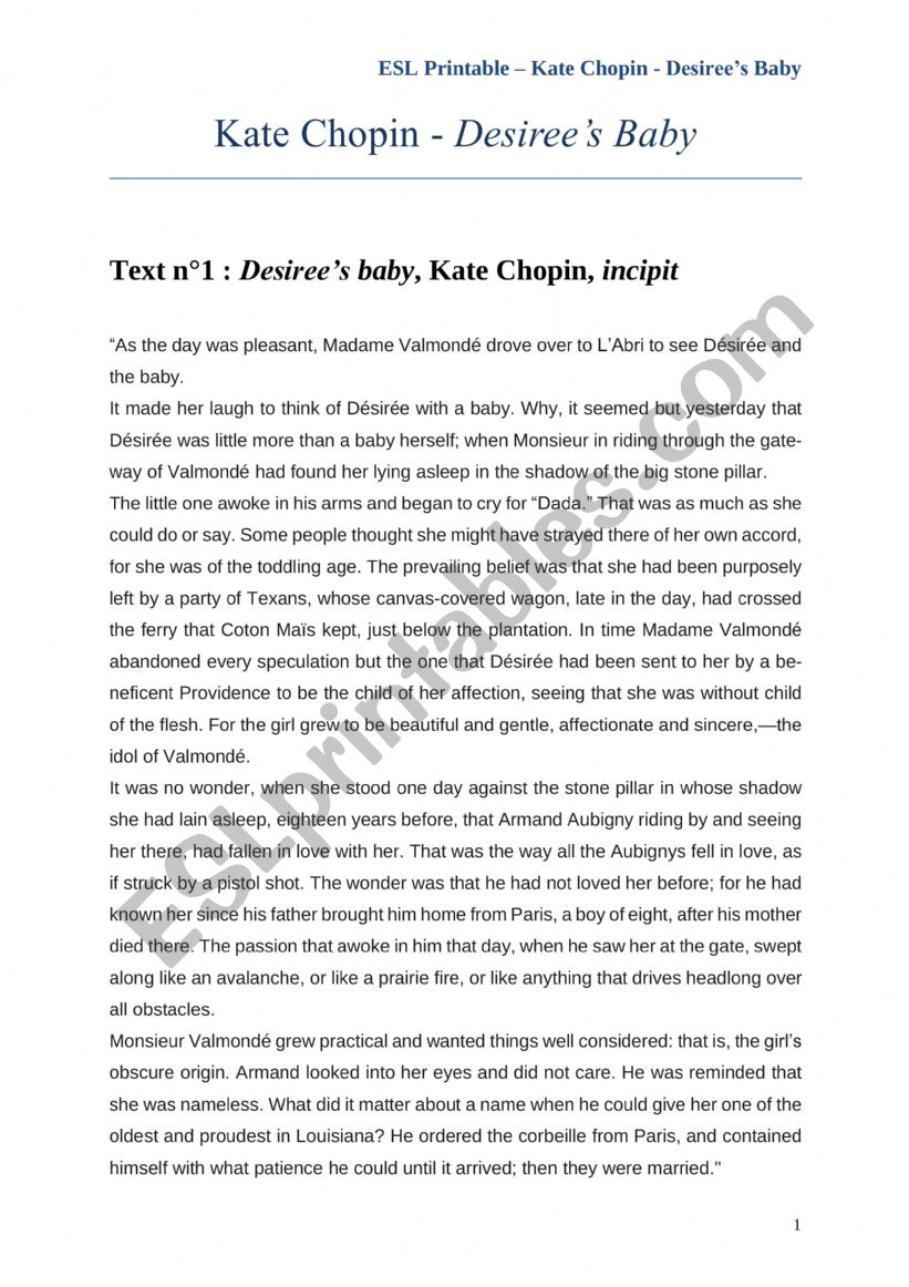 Kate Chopin Desiree�s Baby worksheet