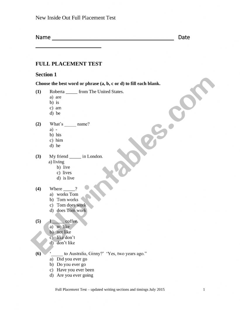 placement test worksheet