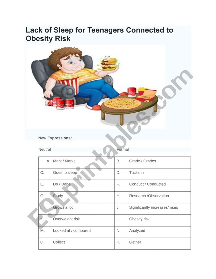 Obesity in Teenagers  worksheet