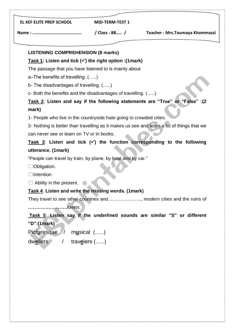 8TH FORM TEST 1 worksheet