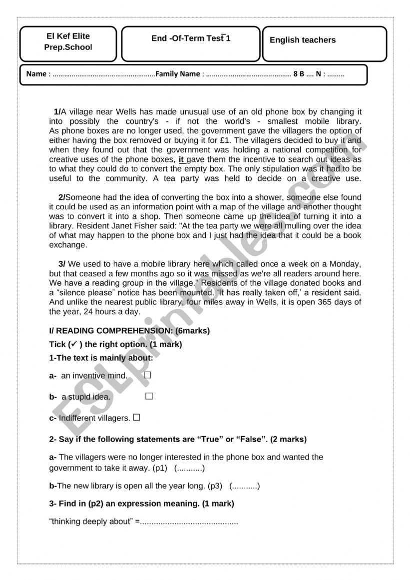 End of term test 1 8th form worksheet