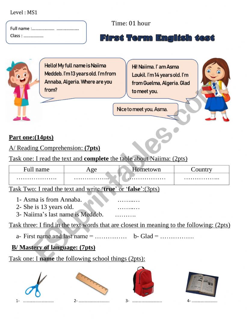First Term English test worksheet