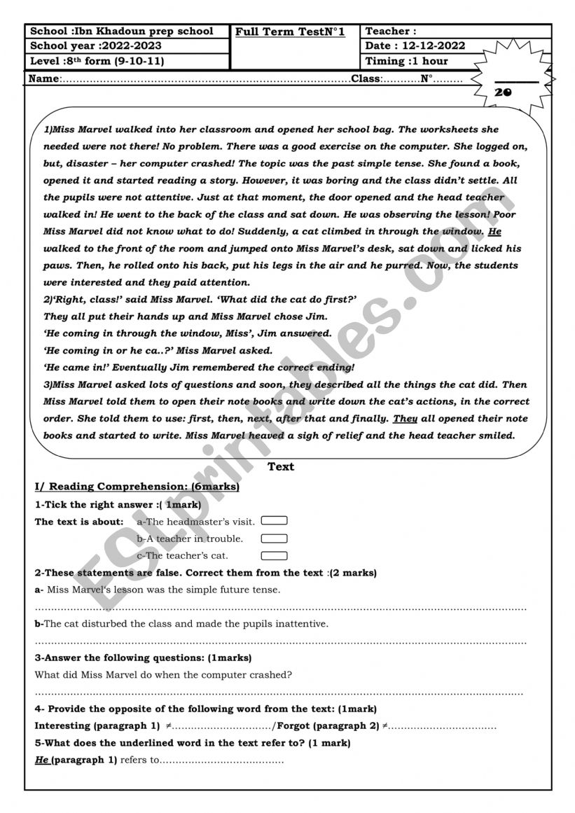 full term test N°1 8th form tunisian students