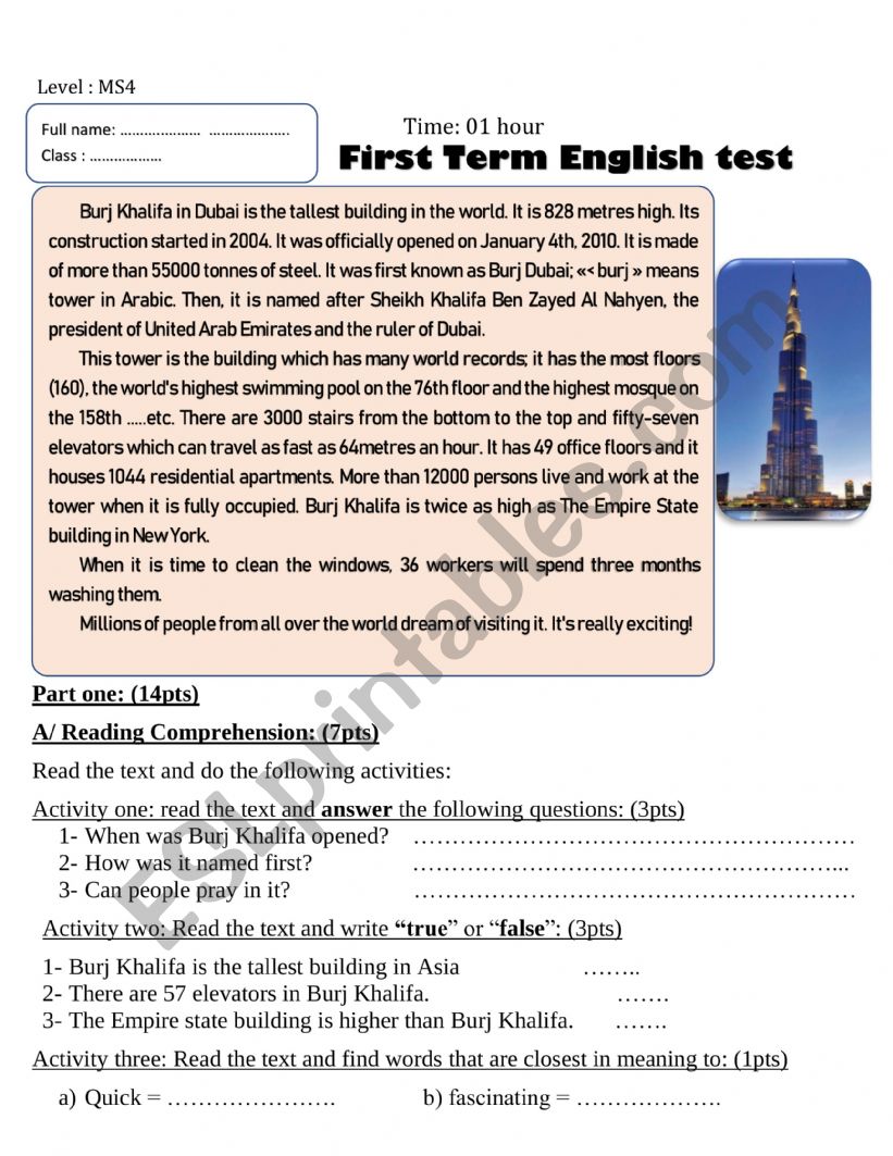 Burj Khalifa  worksheet