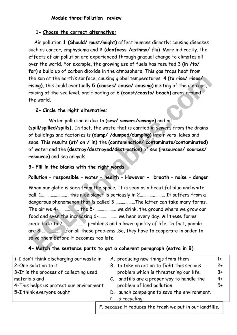 POLLUTION Review 9th form  worksheet