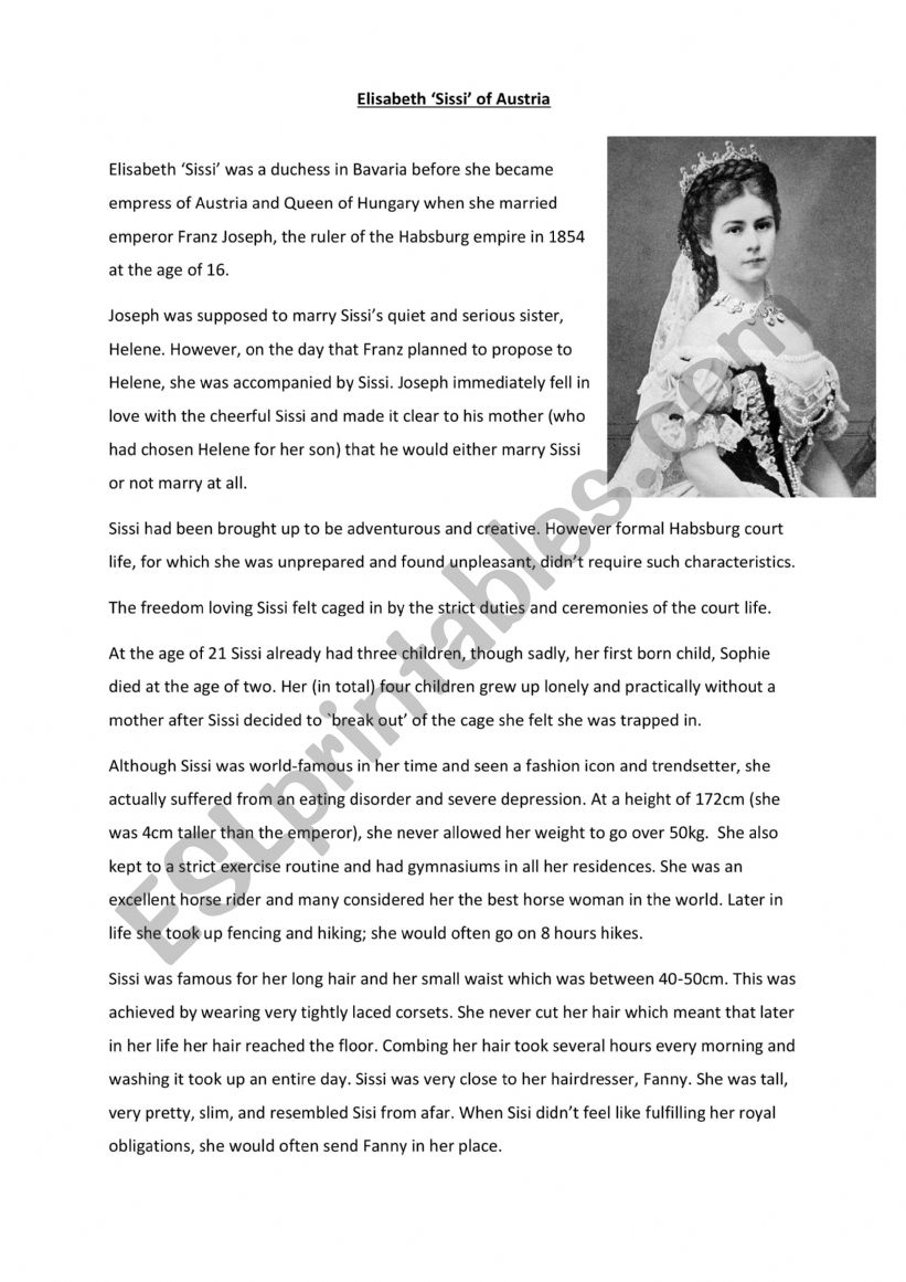 Empress Sissi of Austria worksheet