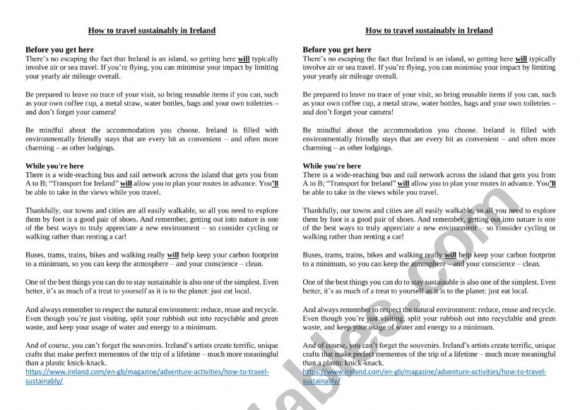 Travel sustainably in Ireland worksheet