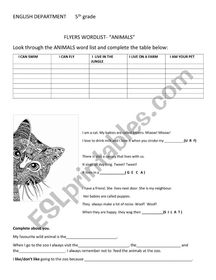 ANIMALS worksheet