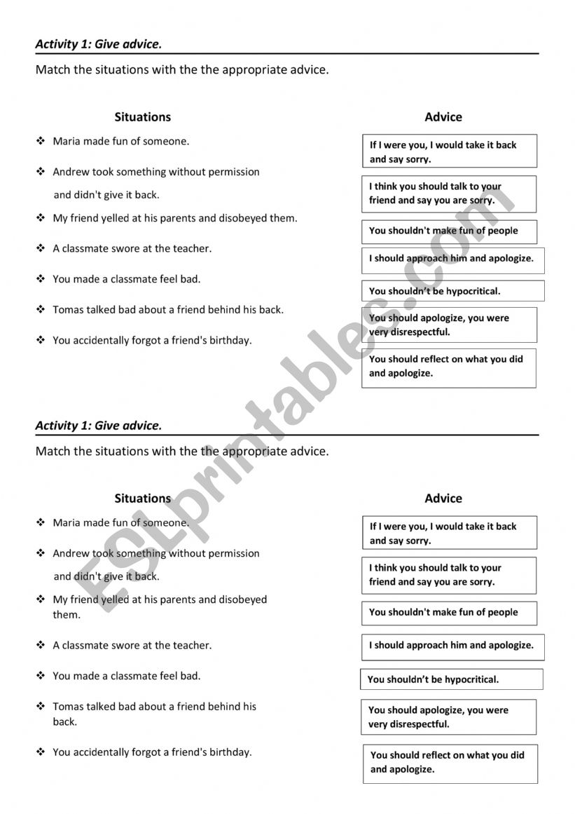 Giving advice  worksheet