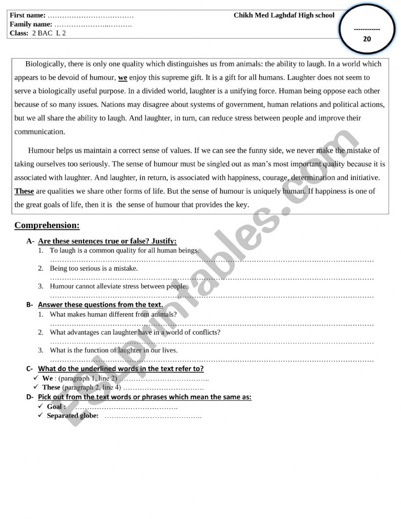 Quiz 1 Semester 1 ( 2 bac) worksheet