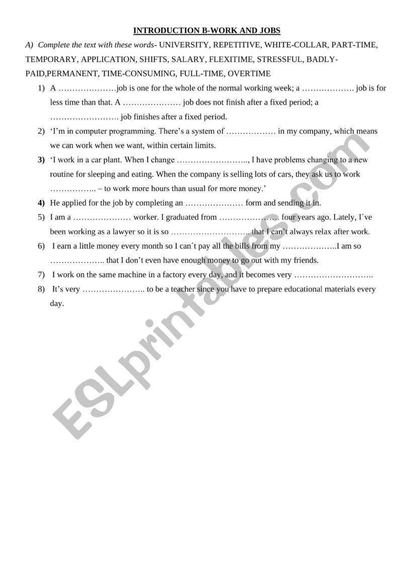Work and jobs vocabulary worksheet